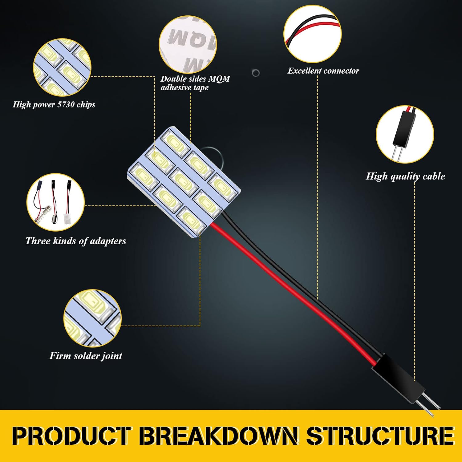 YM E-Bright 6-Pack Cool White 5730 9SMD Led Panel Dome Light Auto Car Reading Interior Light DC 12V With T10 / BA9S / Festoon Adapters