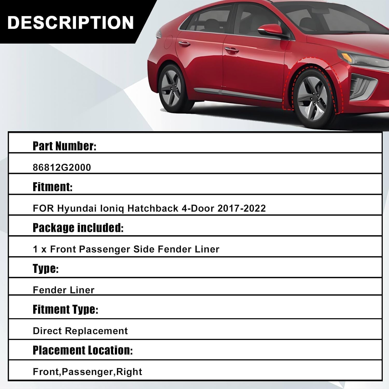 SecosAutoparts Front Fender Liner Passenger Side Compatible with Hyundai Ioniq 2017 2018 2019 2020 2021 2022 Replace# 86812G2000