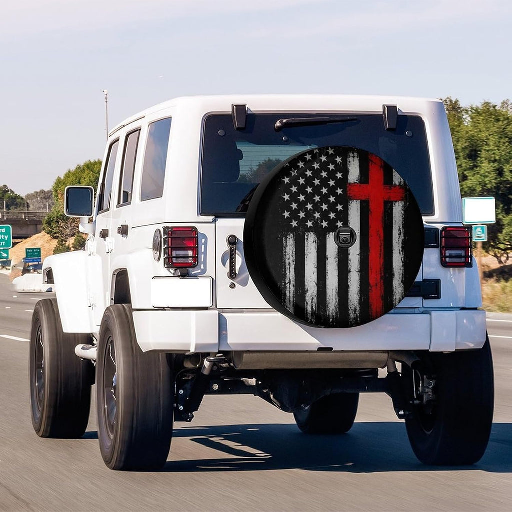 Patriotic Christian American Flag Cross Spare Tire Cover with Backup Camera Hole Waterproof Dust-Proof UV Sun Wheel Covers for RV Trailer RV SUV Truck and Many Vehicle 18inch