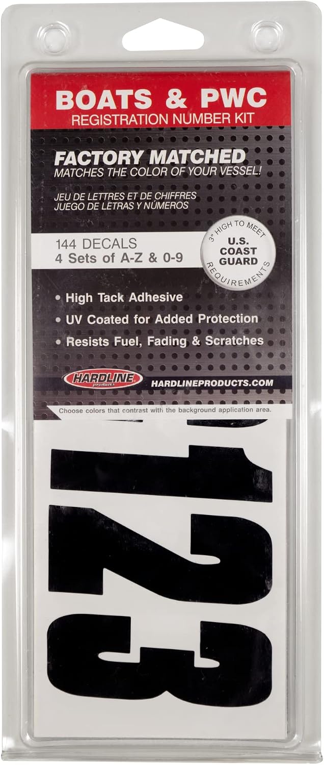 Hardline Products USA Series 350 Boat Lettering & Registration Decal Kit – Solid Black, 3-Inch –Fuel Resistant Marine Vinyl – Fits Boats, PWC, Pontoons – 146 Piece Set -BLK350EC