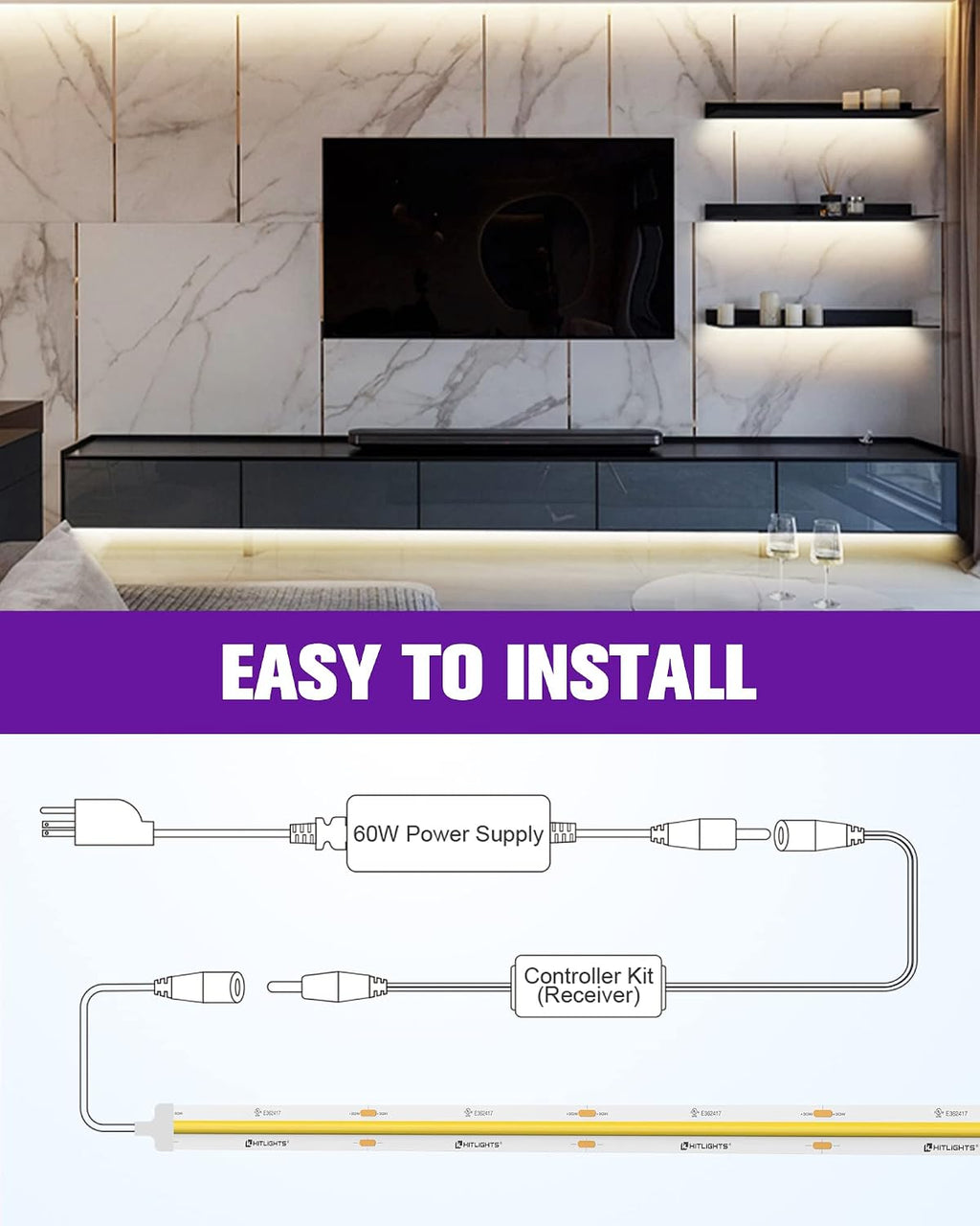 hitlights cob led strip lights kit white 4000k, package contents
