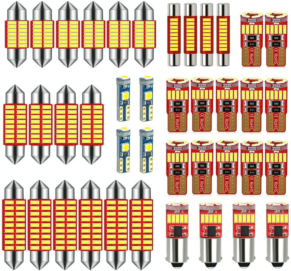 White Car Truck LED Interior Light Kit for Map Dome Bulb 40-Pack | 31MM DE3175 36MM 6418 41MM 6411 T10 2825 BA9S 64111 T5 74 6615F 6612F Size Combo Also for Trunk Door Courtesy License Plate