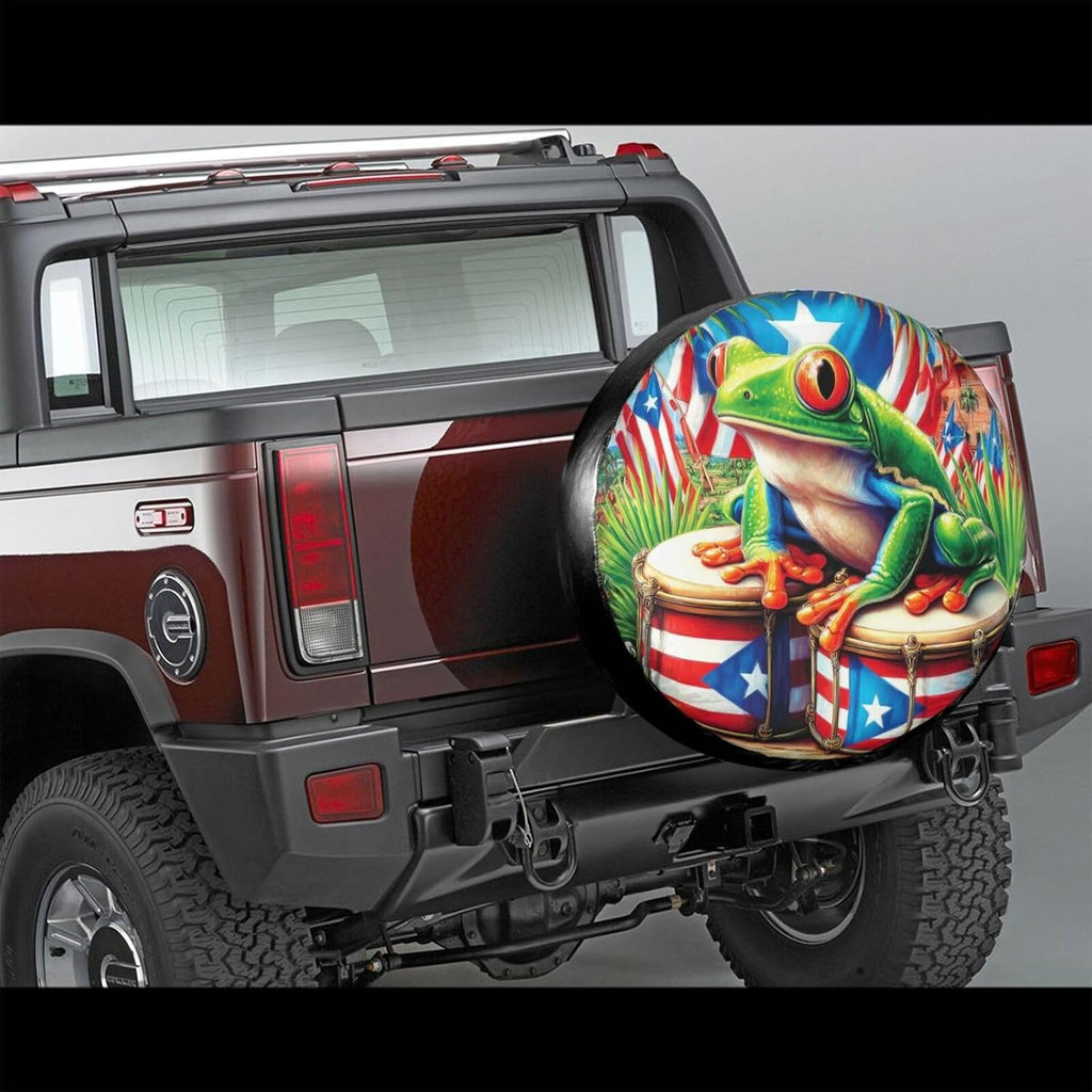 Puerto Rico Flag Frog Spare Tire Cover,15 inch,Cute Flag Tire Covers Waterproof Polyester Wheel Protector Universal for Rv Suvs Camper Trucks Travel Trailers Outdoor