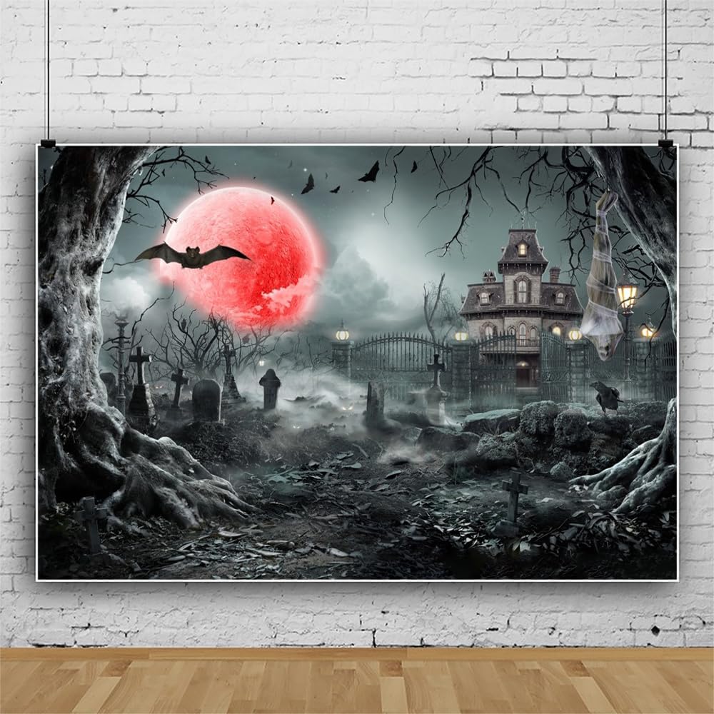 10x8ft Blood Moon Halloween Backdrop Haunted Graveyard Background