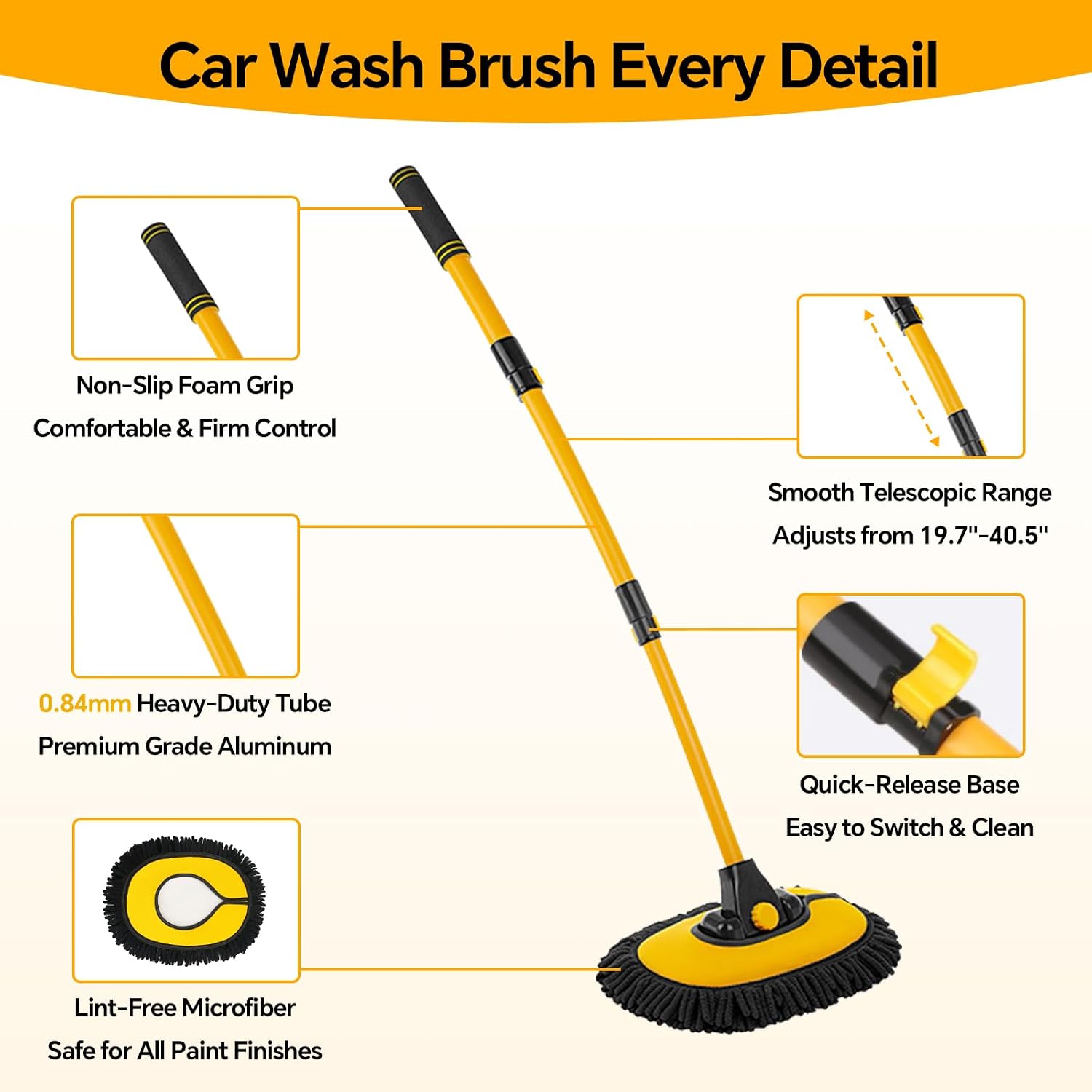 7-in-1 Car Wash Kit with 20L Collapsible Bucket & Brush – Car Wash Mop with Long Handle, 15° Curved Aluminum Pole for SUV Roof, Car Washing Brushes & Cleaning Supplies, RVs-Yellow.