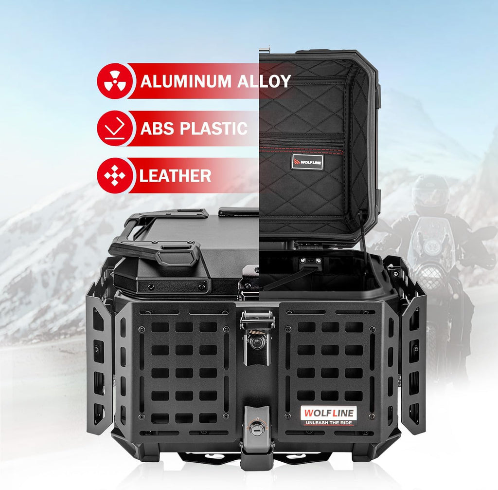 Motorcycle Top Case, 45L Universal Tail Box Motorbike Luggage Storage Trunk | Expandable Side Tray, Easy Install Quick Release Detachable, Waterproof Rustproof Dustproof, Backrest Cushion Anti-Theft Lock