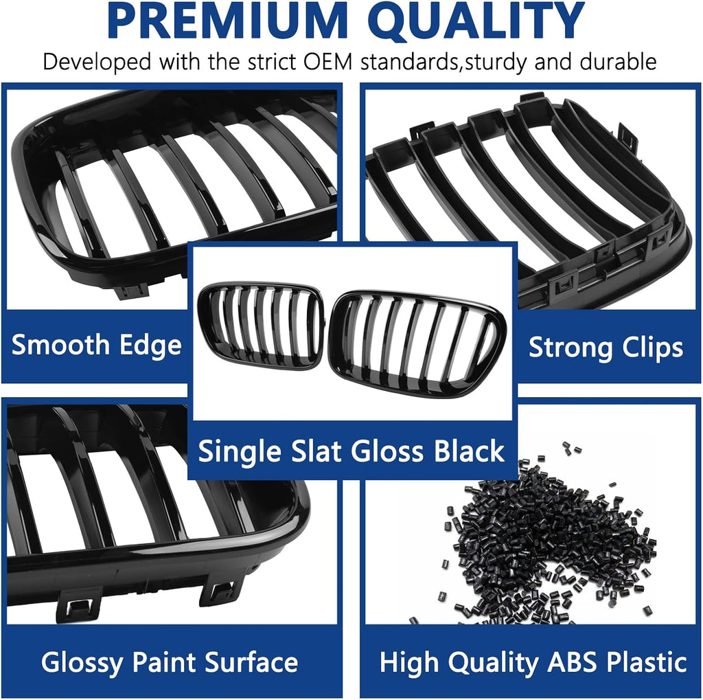 F25 Grill, Single Slat Gloss Black Kidney Grille,ABS Plastic,2pcs | Direct Snap-on Replacement,Sporty Style Upgrade,Compatible with BMW 2011-2013 X3 F25 28i 30d 35i 35d (xDrive)
