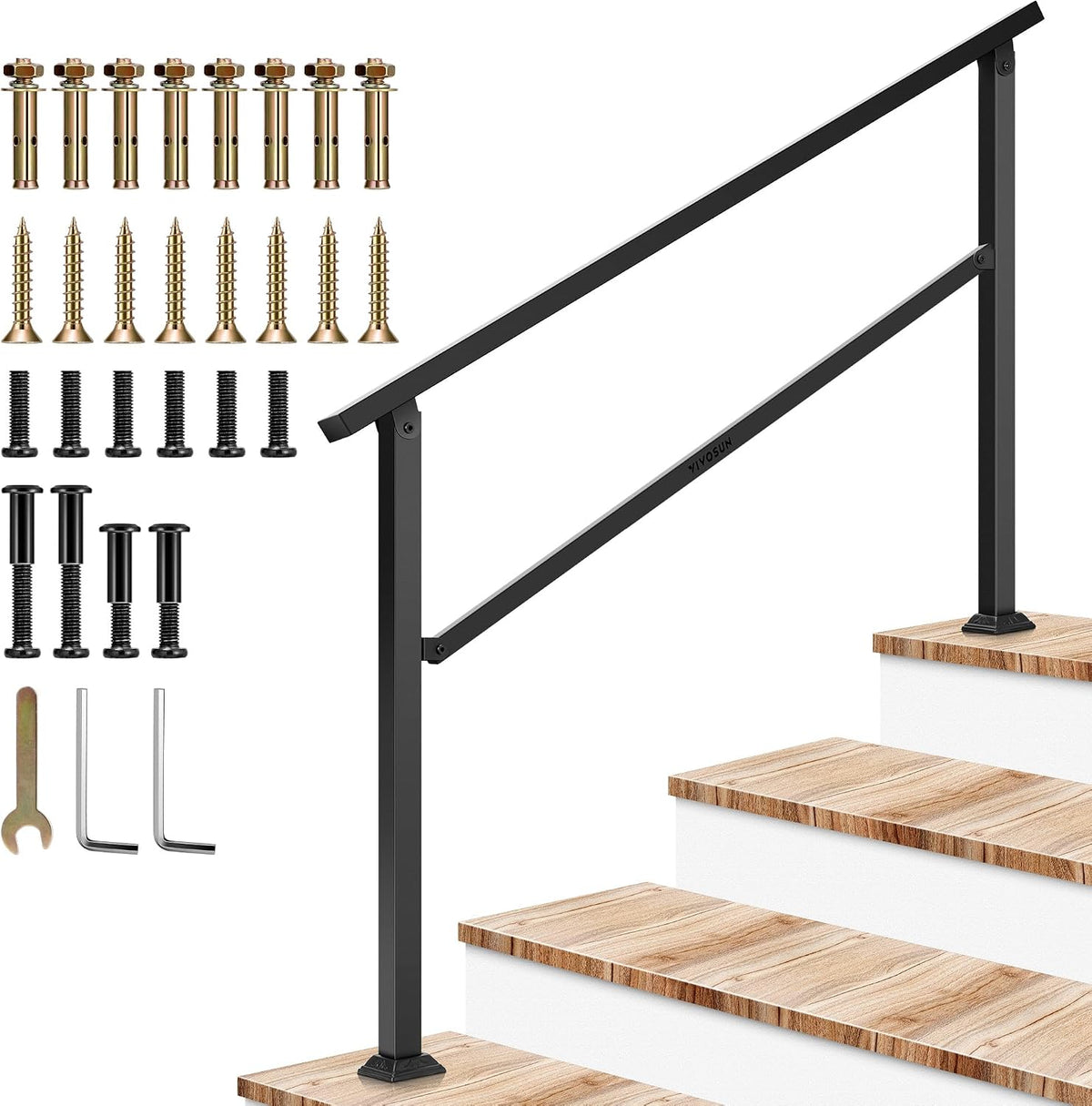 VIVOSUN Outdoor Handrail, 4 Step Stair Handrail, Wrought Mattle Iron Handrail