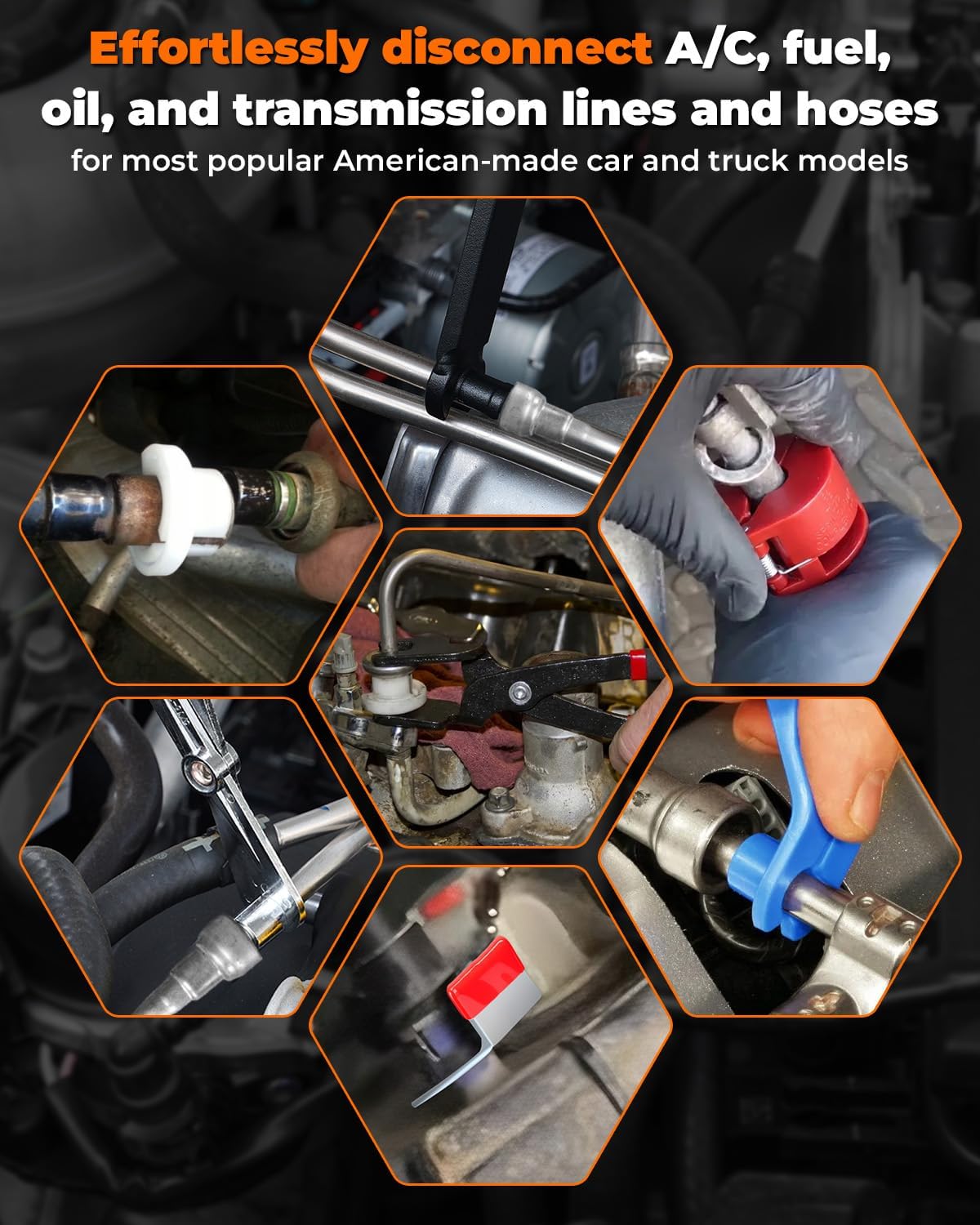 45 piece fuel line disconnect tool set shown in use