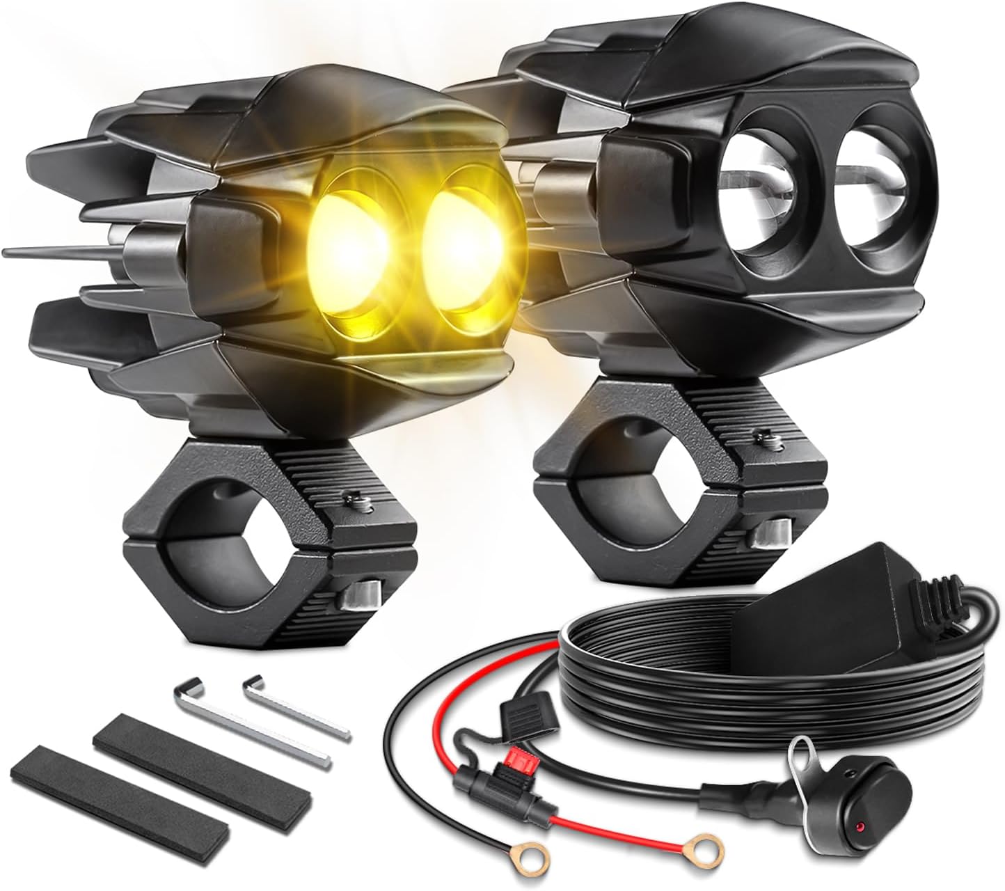 D7 Motorcycle Driving Fog Lights LED Kit Amber White 6 Modes Strobe | Auxiliary Light Pods 50W 5000lm with Clamp Brackets Wiring Harness for R1200GS R850GS ADV Adventure Touring Sport ATV UTV