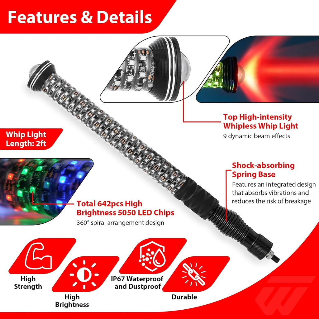 Weisen 2-in-1 2ft Fat Whip Light, Whipless LED Whip Light with Multifunction Switch, RF Remote & APP Control, Alien Lights with Chasing Turn Signal Brake Reverse Light Warning Light for UTV