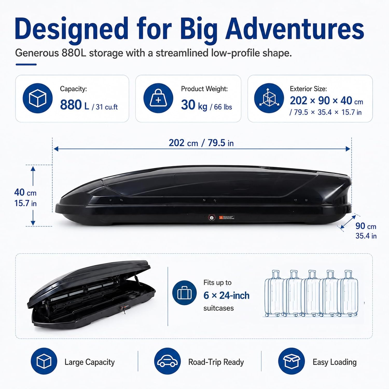 Garvee Rooftop Cargo Box Carrier, 31 Cu ft Hard Shell Rooftop Cargo Carrier - Dual-Side Opening, Universal Car/SUV Fit, Waterproof ABS Material, 165Lbs Capacity w/Secure Straps & Keys