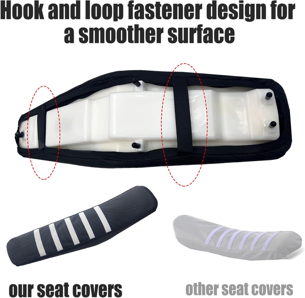 VaylingEV Staple-Free Seat Cover for Yozma IN10 & IN10 Pro E-Dirt Bike | White Stripe Racing Non-Slip Waterproof PVC Saddle Protector, Custom Off-Road Cushion Wrap Fits 23.6"x6.3"x3.5"