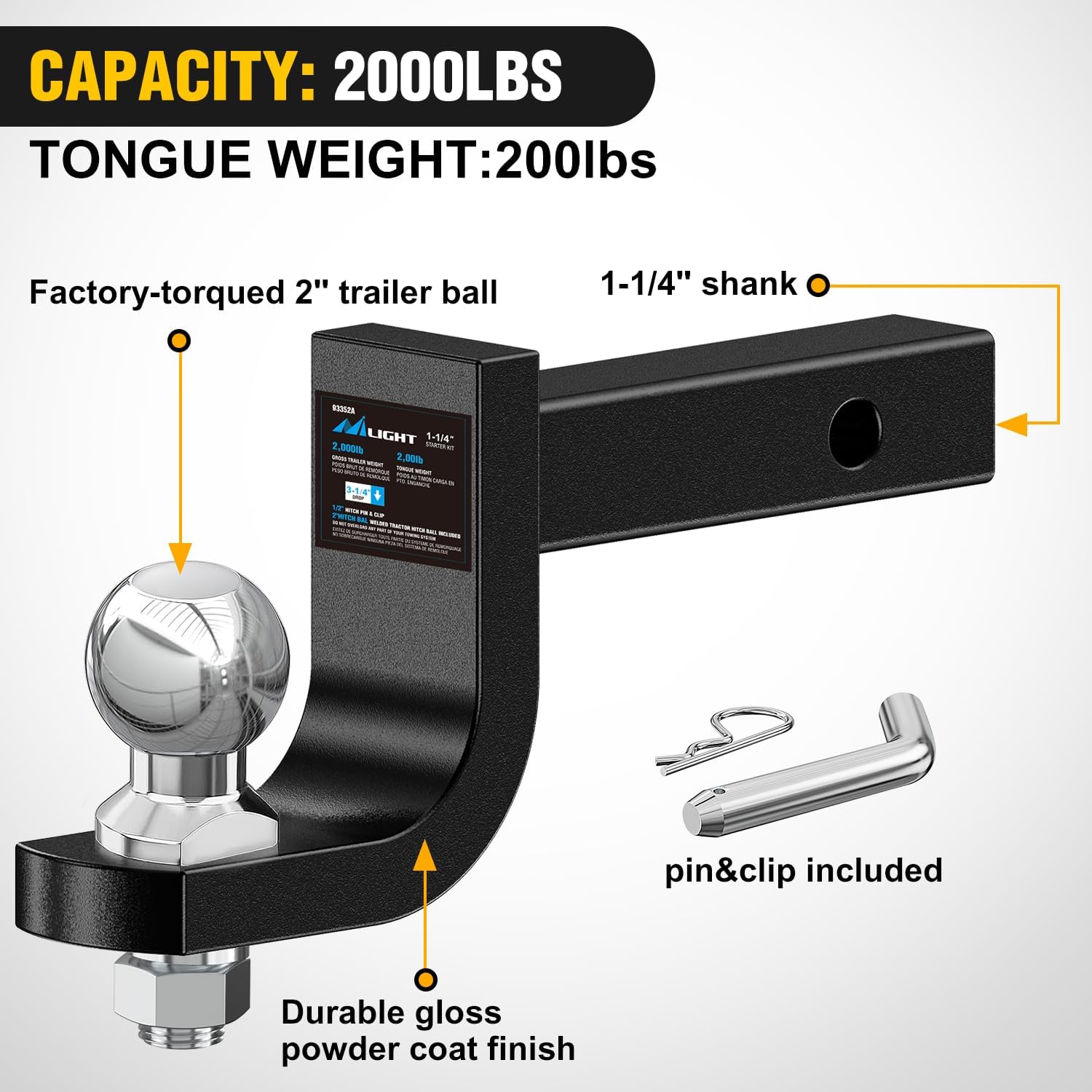 Nilight Trailer Hitch Ball Mount with 2-Inch Ball 1/2" Hitch Pin Clip Fits 1-1/4 Inch Receiver Square 2000 lbs 3-1/4"Drop Gloss Black Powder Coat