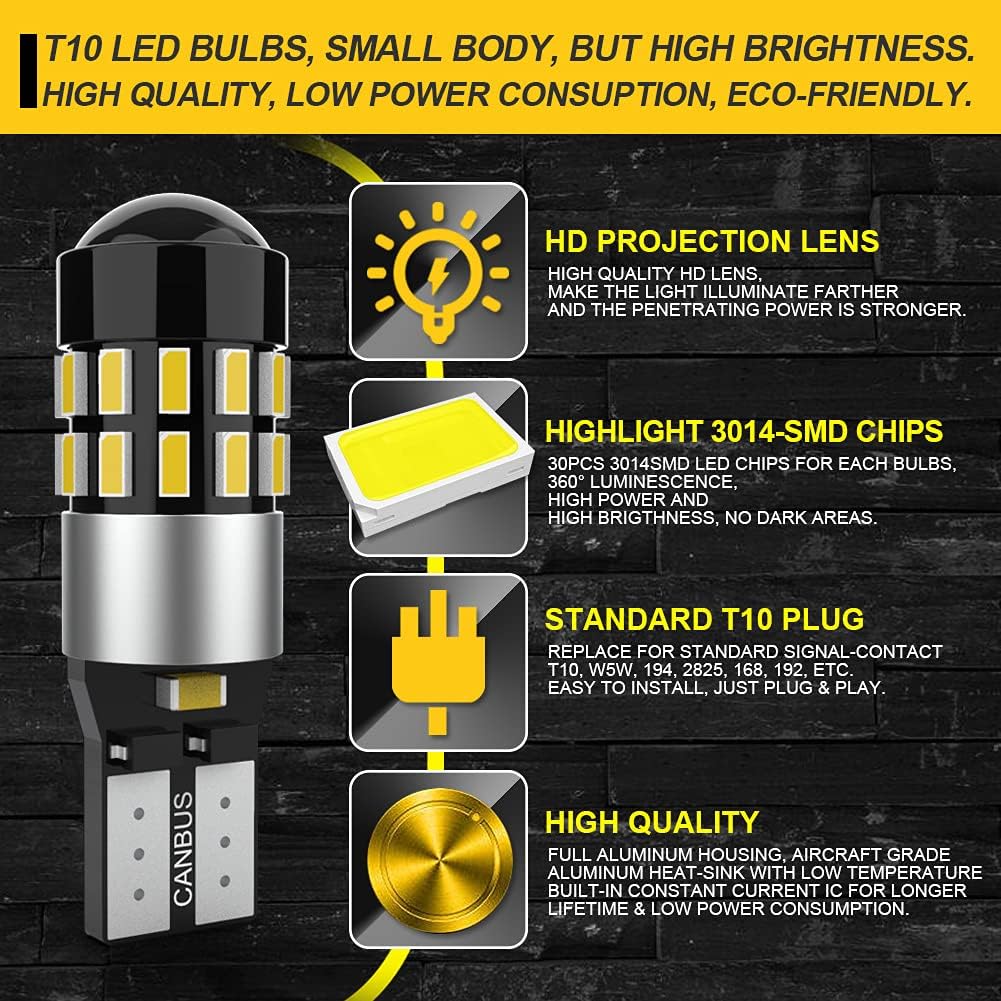 6000K White W5W 194 LED Bulb for Sidelight,Interior Light,License Plate Bulb,168 T10 LED Bulb Canbus Error Free,921 2825 Led Bulb For Dome Map Trunk Cargo Light,912 Led Bulb T10 Bulb(2-Pack)