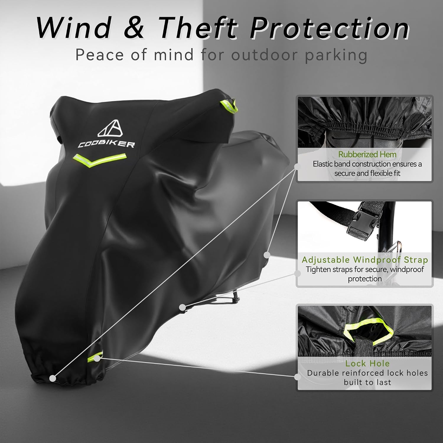 Motorcycle Cover 300D Waterproof Outdoor Night Reflective Breathable Vents All Season Rain Sun Dust Protection Universal Fit Powersports Vehicle Cover with Lock-Holes Fits up to 96.5"