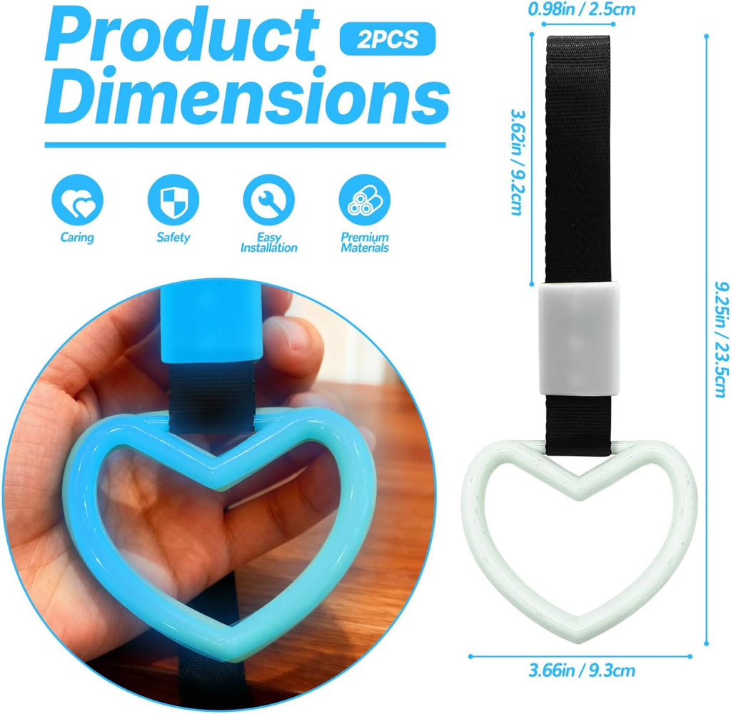 2 Pcs Heart Shaped Car Handle Strap – Drift Charm Rear Bumper Warning Ring Decor for Car Interior Exterior, Subway Bus Handle Accessory, Cute Heart Car Decor Gift for Women & Men (Luminous Blue)