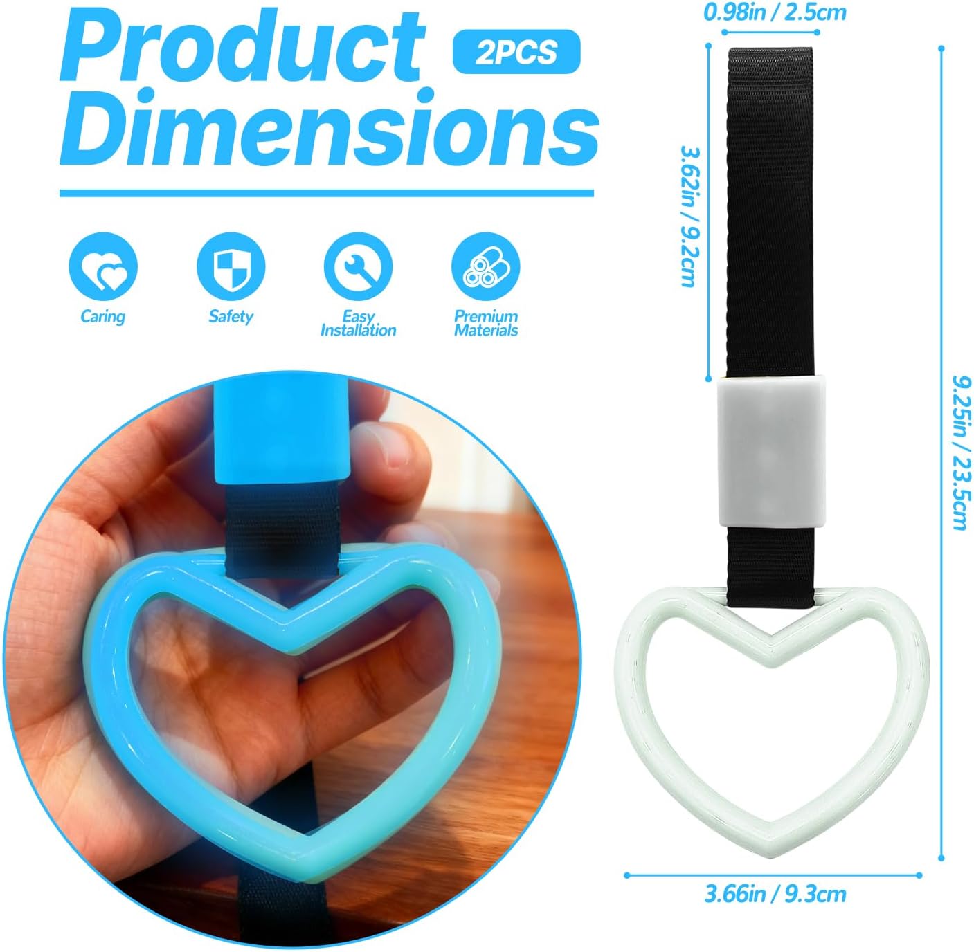 2 Pcs Heart Shaped Car Handle Strap – Drift Charm Rear Bumper Warning Ring Decor for Car Interior Exterior, Subway Bus Handle Accessory, Cute Heart Car Decor Gift for Women & Men (Luminous Blue)