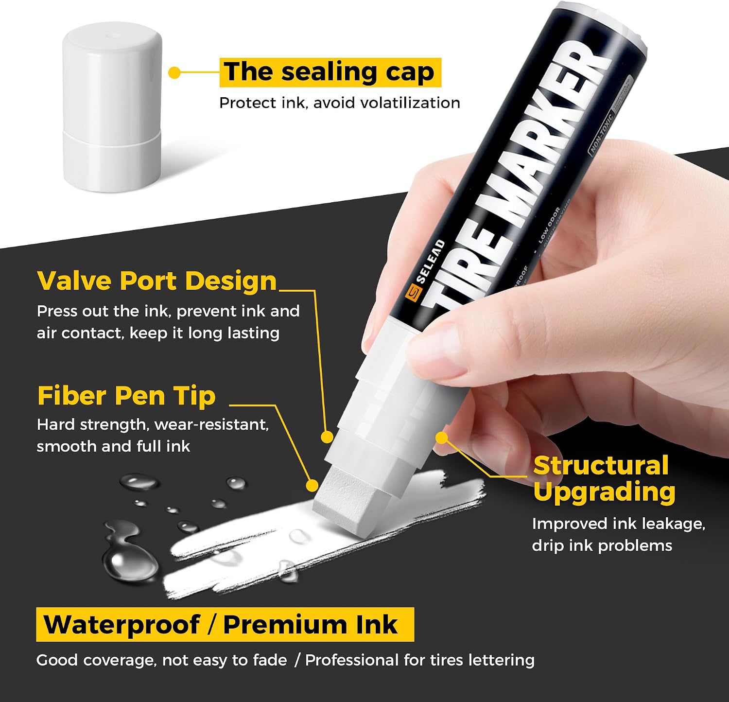 SELEAD Jumbo Tire Marker White - 4 Pack 15mm Wide Tip Paint Pens for Car Tires Lettering, Large Capacity Premium Ink Waterproof Permanent Markers