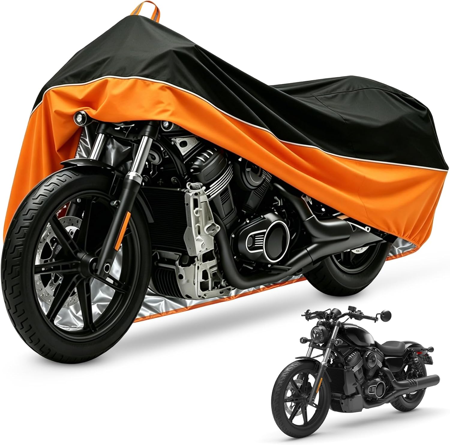 Motorcycle Cover All Season Waterproof Sun Outdoor Protection, Fits up to 96.5" Motorcycle Powersports Vehicle Covers, Black and Orange (Lockholes & Storage Bag)