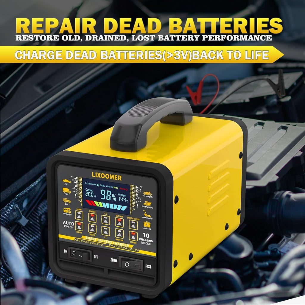 Upgraded 12V/24V 0-20A Car Battery Charger Heavy Duty, Smart Trickle Charger Maintainer with Auto Shutoff, Repair & Winter Mode, 10 Modes & Color Screen for Car, Truck, Motorcycle, Boat, Lawn Mower