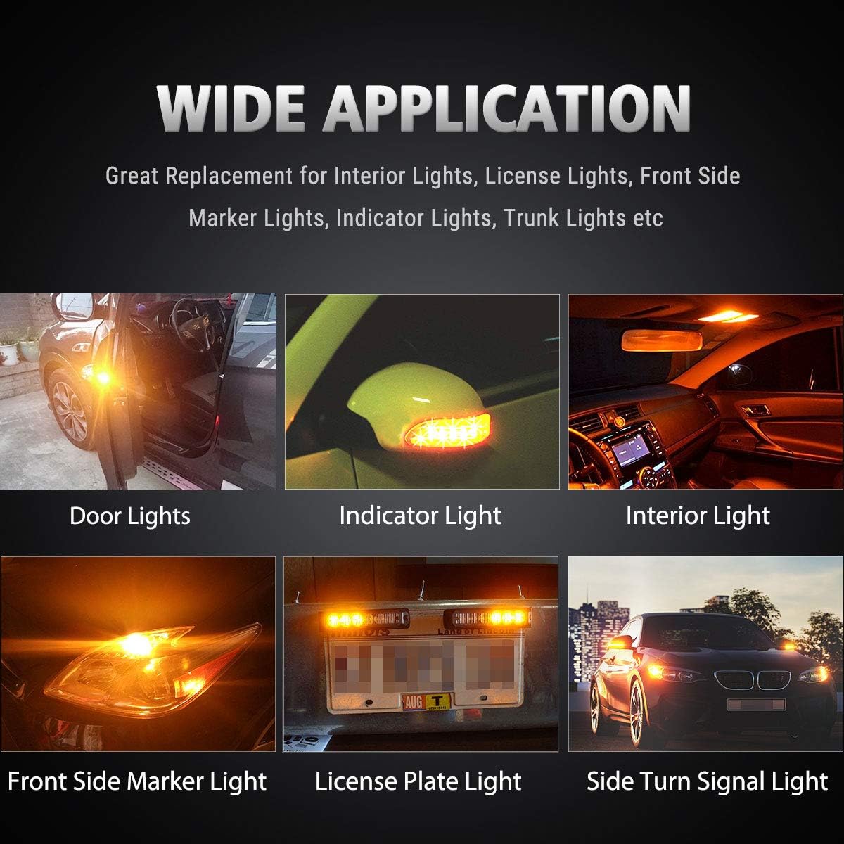 Antline 194 168 2825 W5W T10 194NA LED Bulbs Amber Yellow, Ultra Bright Error Free 9-SMD 2835 Chipsets Replacement for Car Interior Dome Map Door Courtesy License Plate Lights (Pack of 10)