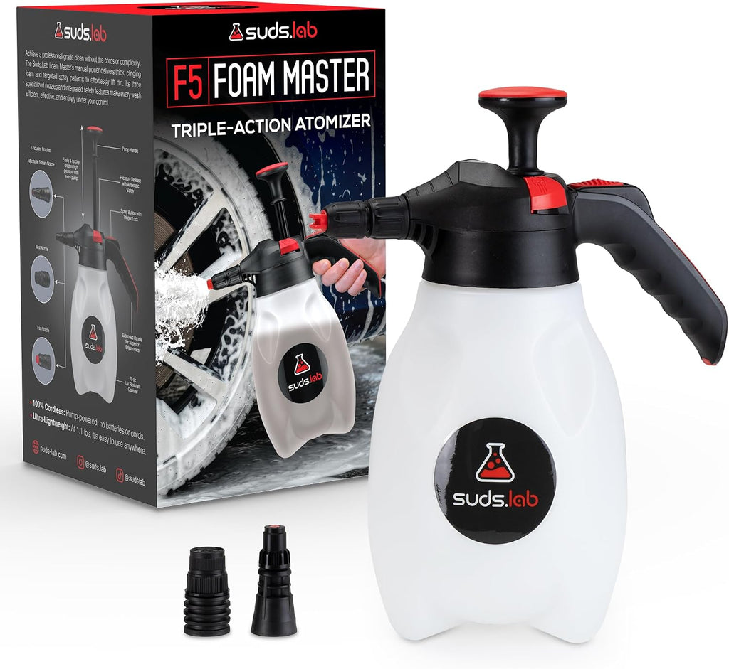 Suds Lab F5 Foam Master - Triple-Action Pump Foam Sprayer with 3 Nozzles, Cordless Hand Pump Bottle for Car Wash & Versatile Use - 70 Oz. Portable Detailing Atomizer