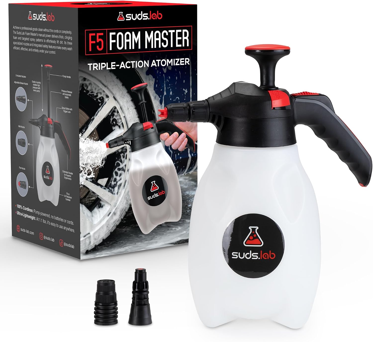 Suds Lab F5 Foam Master - Triple-Action Pump Foam Sprayer with 3 Nozzles, Cordless Hand Pump Bottle for Car Wash & Versatile Use - 70 Oz. Portable Detailing Atomizer