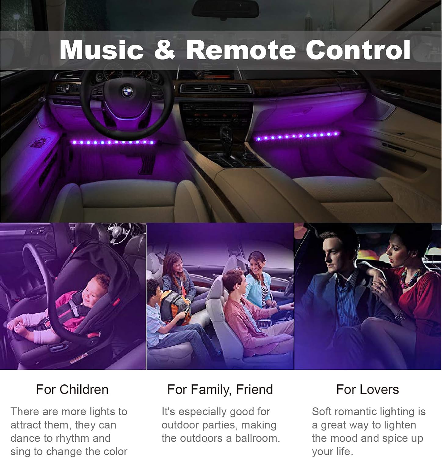Led Interior Car Lights, Controller Led Lights for Cars, Multicolor Music Underglow Lighting Kits with Wireless Control and Sound Active Function, 4pcs 48 USB LED Interior Lights, DC 5V