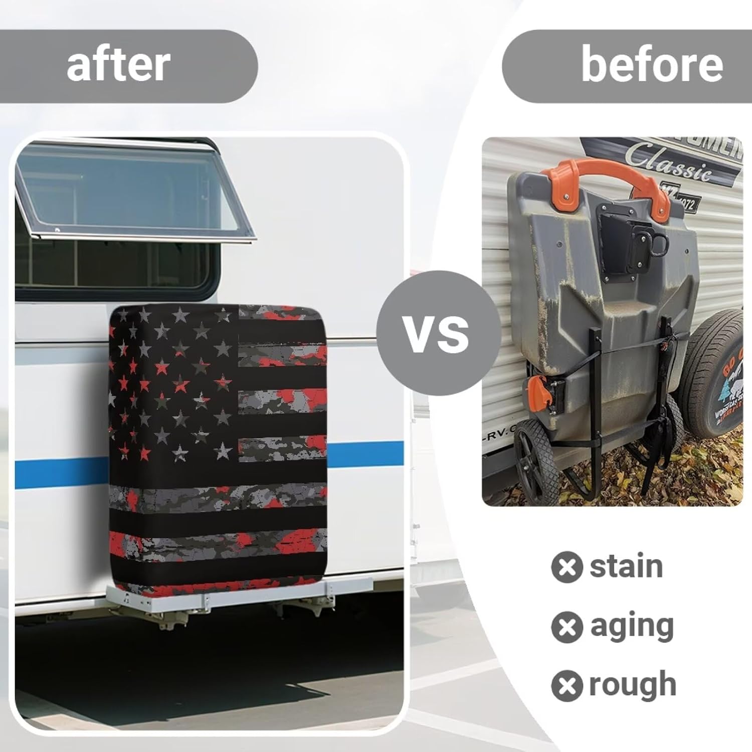 JoyLamoria Camo American Flag RV Tote Tank Cover Compatible 28-36 Gallon | Tote Tanks Waterproof & UV Resistant RV Portable Waste Tank Cover