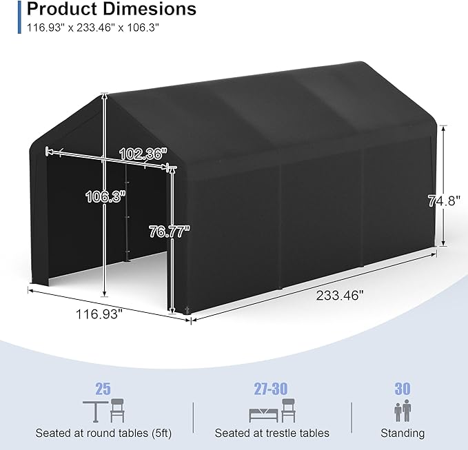 Carport 10x20 Heavy Duty Portable Garage w/Removable Sidewalls & Roll-Up Door - Image 9