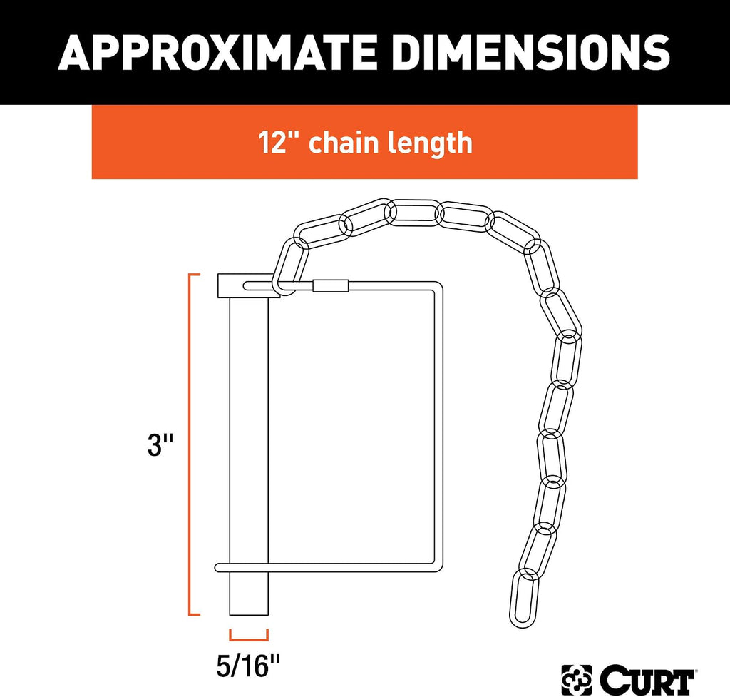 CURT 25035 Trailer Coupler Pin with 12-Inch Chain, 5/16-Inch Diameter x 3-Inch Long, Clear ZINC