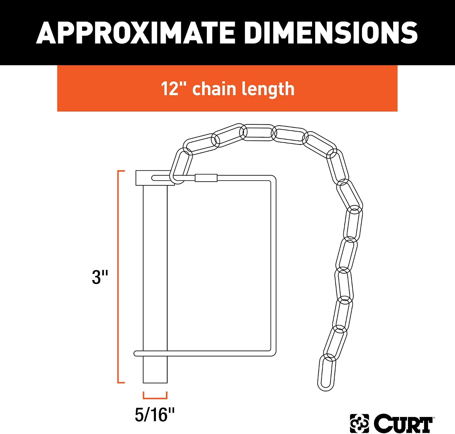 CURT 25035 Trailer Coupler Pin with 12-Inch Chain, 5/16-Inch Diameter x 3-Inch Long, Clear ZINC