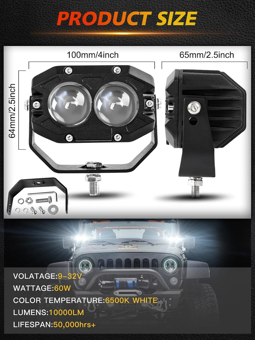 mayello 4 inch led light pods 60w square, side view