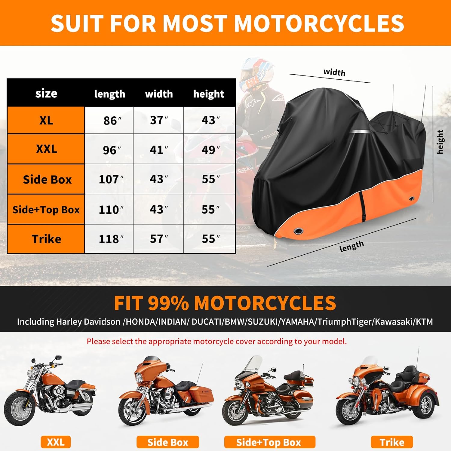 Motorcycle Cover, 110 Inch with Side+Top Box Touring Models Specific Vehicle Cover Storage Suitable for Harley-Davidson Ultra Limited, Road Glide Limited, Gold Wing, Road Master Orange