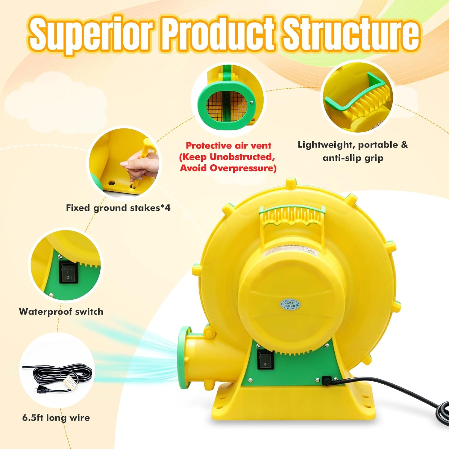 Step4Fun Bounce House Air Blower for Inflatables, 1100W Watt ETL Certified Electric Blower, Perfect for Inflatable Bounce House Water Slide and Bouncy Castle Indoor & Outdoor Yellow