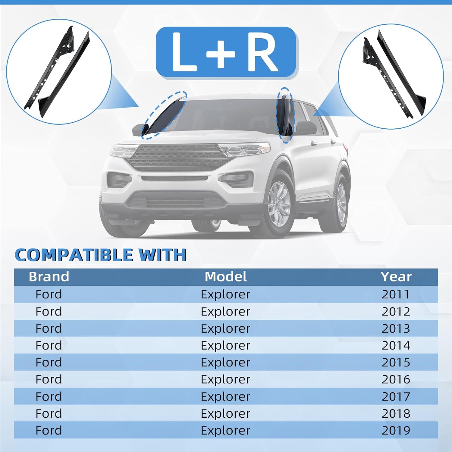 4 PCS Windshield A-Pillar Trim Molding Set Compatible with Ford Explorer 2011-2019,Driver &Passenger Side,Outer & Inner Trim Kit BB5Z-7803145-AA,BB5Z-7803145-BA,BB5Z-7803136-BA，BB5Z-7803144-AA