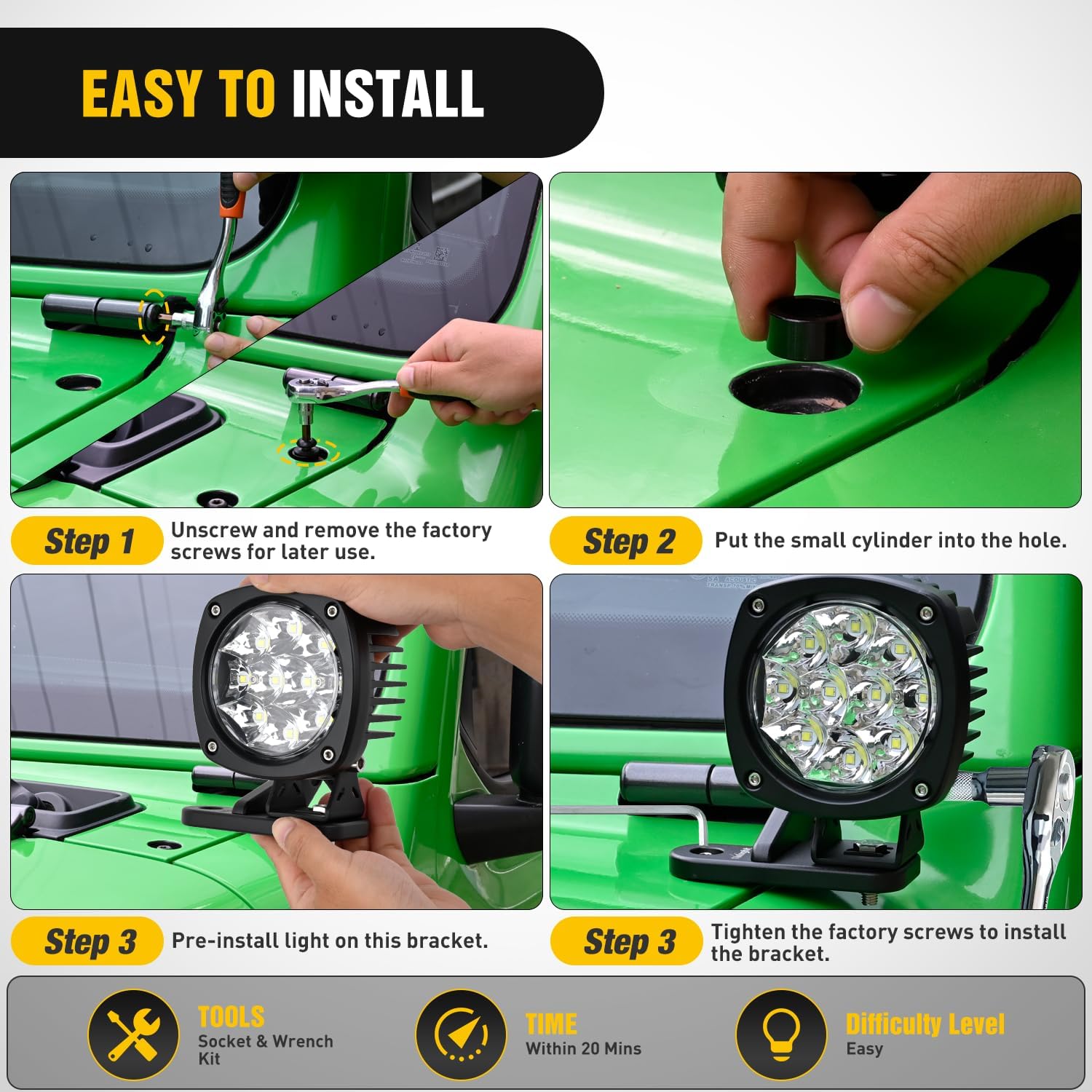 Nilight Light Mounting Bracket Hood Cowl Mount Brackets for Front A-Pillar Auxiliary Offroad LED Work Pods Lights on Jeep Wrangler JL JLU Gladiator JT 2018 2019 2020 2021 2022 2023 2024 2025, Black