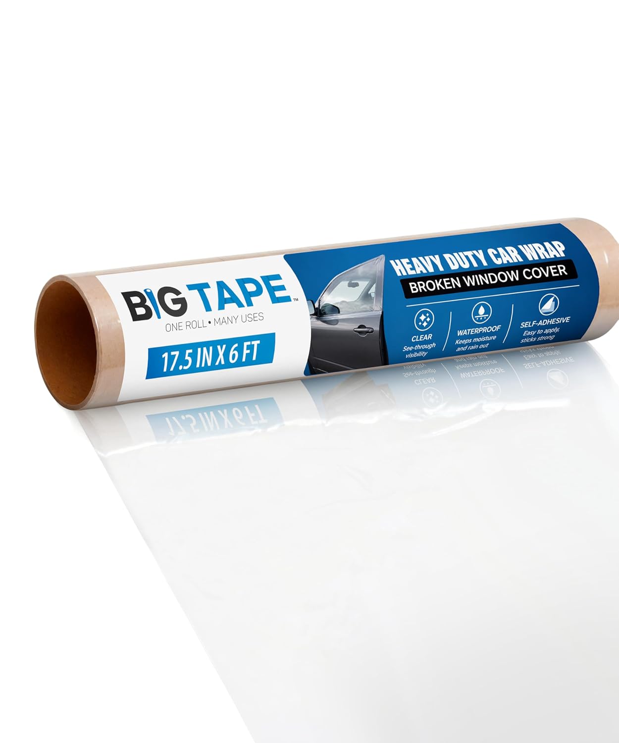 Big Tape Crash Wrap for Broken Car Windows, Temporary Film, 17.5 in x 6 Ft | No-residue Plastic Window Cover Seals Broken Auto Glass Fast — Waterproof Protection with Clean, Sticky-Free Removal