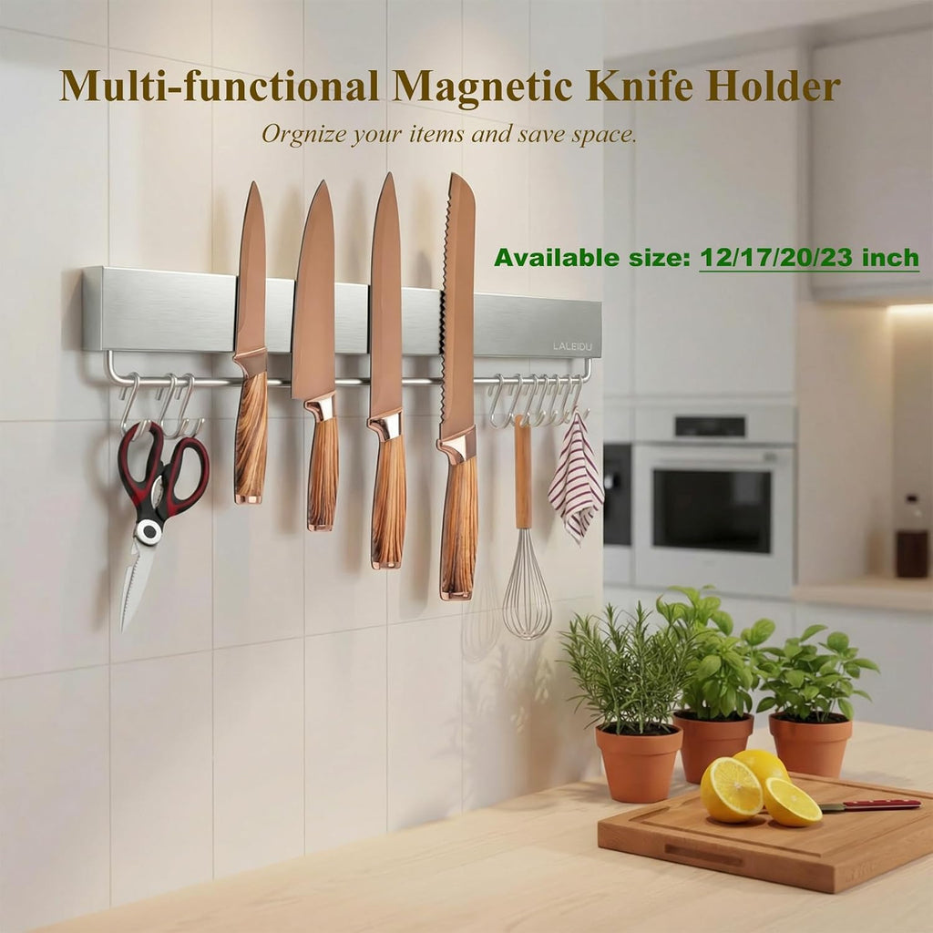 20 inch magnetic knife holder for wall shown in use