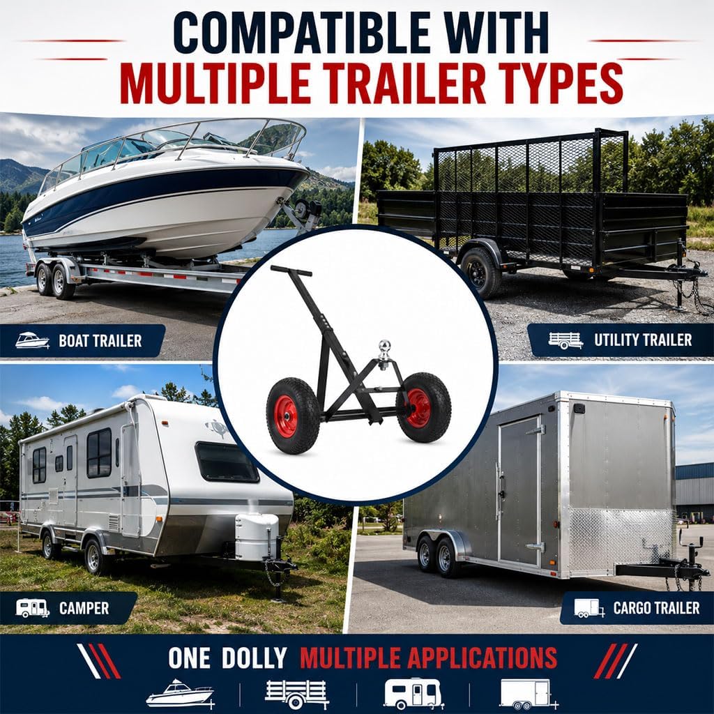 Trailer Dolly with 2" Hitch Ball, 1000 lbs Capacity, Heavy-Duty Steel Frame with Hammer-Tone Finish, Wide Wheelbase & 13" Flat-Free Tires – Lawn Tractor, RV, Boat, and Utility Trailer Mover Dolly