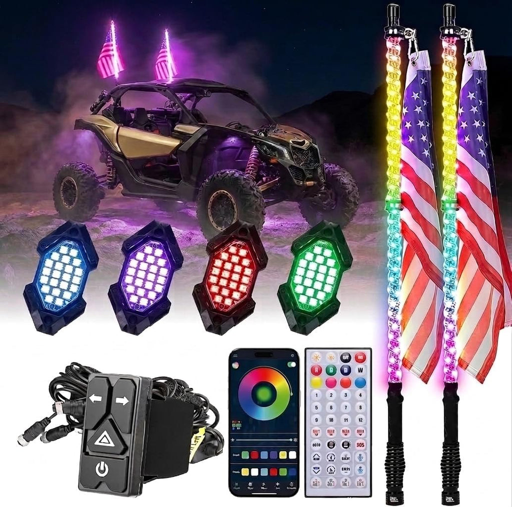 Kemimoto 2PCS 3FT Universal LED Whip Light and 4 PCS Rock Lights Combo | 366 Modes with Integrated Rocker Switch (Turn/Hazard/Light) & SOS Mode, Spring Base & App Control, IP67 Waterproof