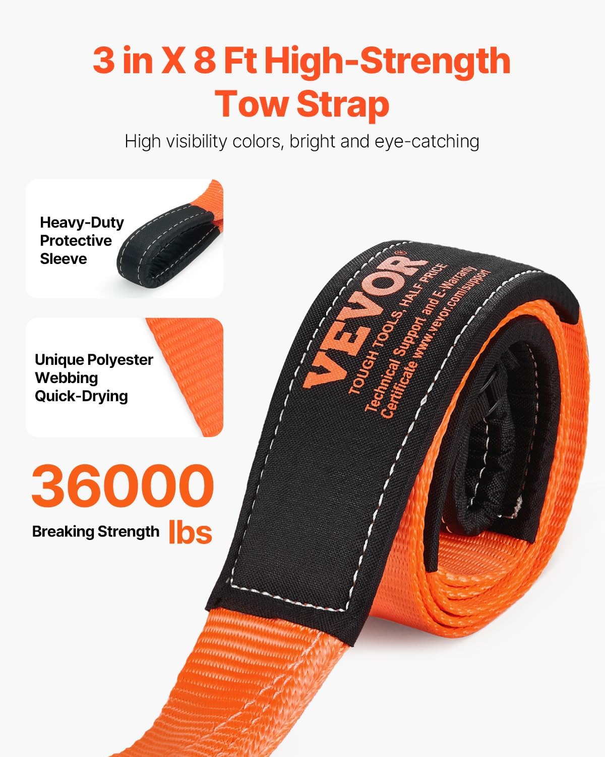 VEVOR Recovery Tow Strap 3 inches, 8 feet 36,000 lbs Break Strength, Triple Reinforced Loop Straps, Tree Saver, Winch Line Extension Strap, Off Road Towing and Recovery, Extreme Weather Resistance