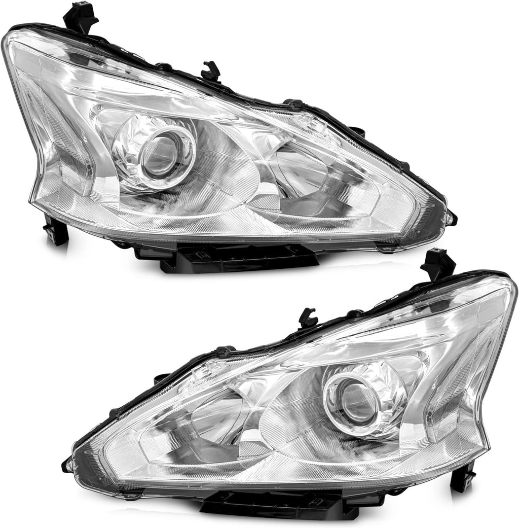 WEELMOTO Halogen Headlights for 2013-2015 Altima 4Dr Sedan Headlight Assembly Pair Replacement for 13 14 15 Altima Chrome Housing Clear Reflector (DOES NOT FIT XENON/HID)