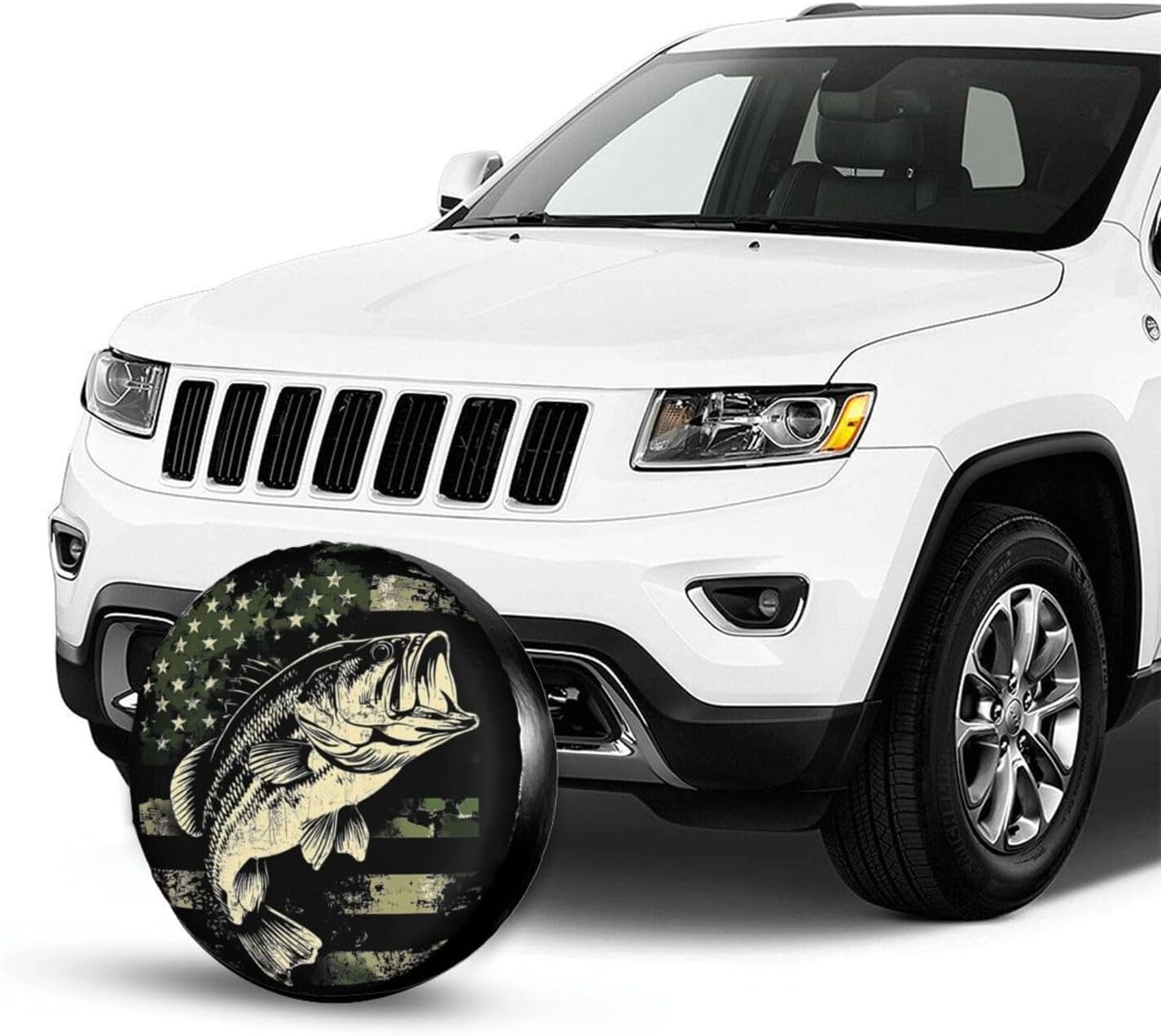 Camouflage American Flag Bass Fish Spare Tire Cover Universal for Rv Suvs Trucks Camper Travel Trailers, Cute Animal Waterproof Wheel Protector Covers,14 inch