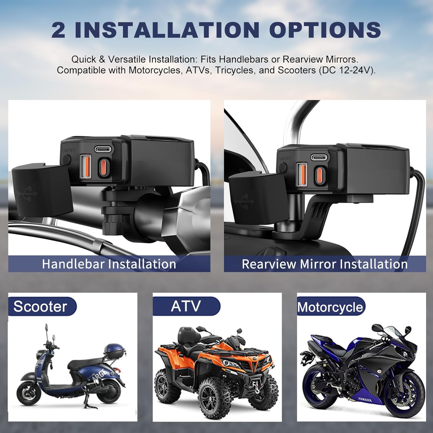 Motorcycle USB Charger, Retractable Type-C & Dual USB Fast Charging, Independent Switch, 3-in-1 SAE to USB Adapter with 1.5m Extension, LED Voltmeter, Waterproof for Dirt Bike, ATV, UTV