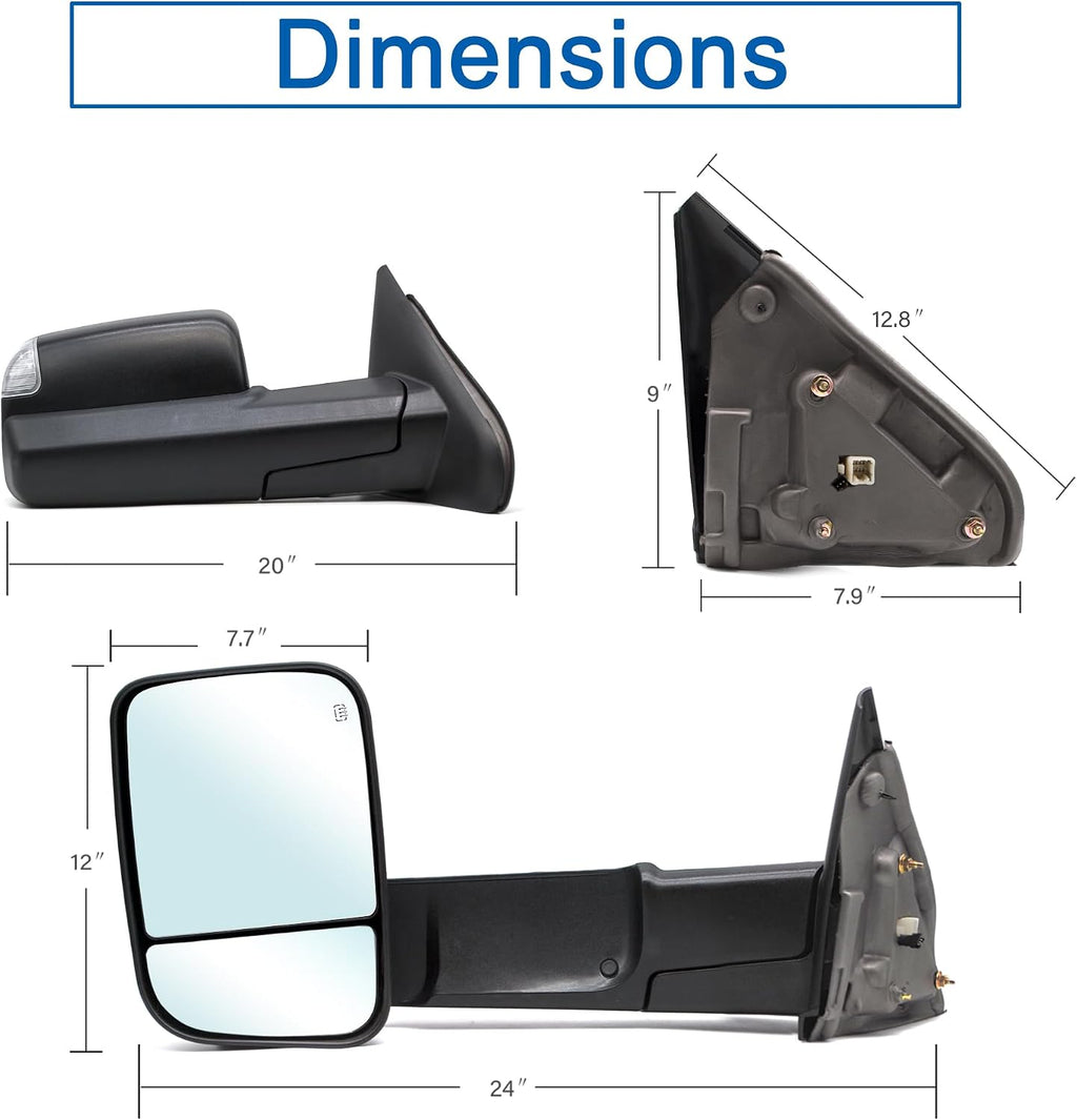 Towing Mirrors fit for 02-08 Dodge Ram 1500, 03-09 Dodge Ram 2500 3500 | Power Heated Turn Signal Puddle Light Manual Folding