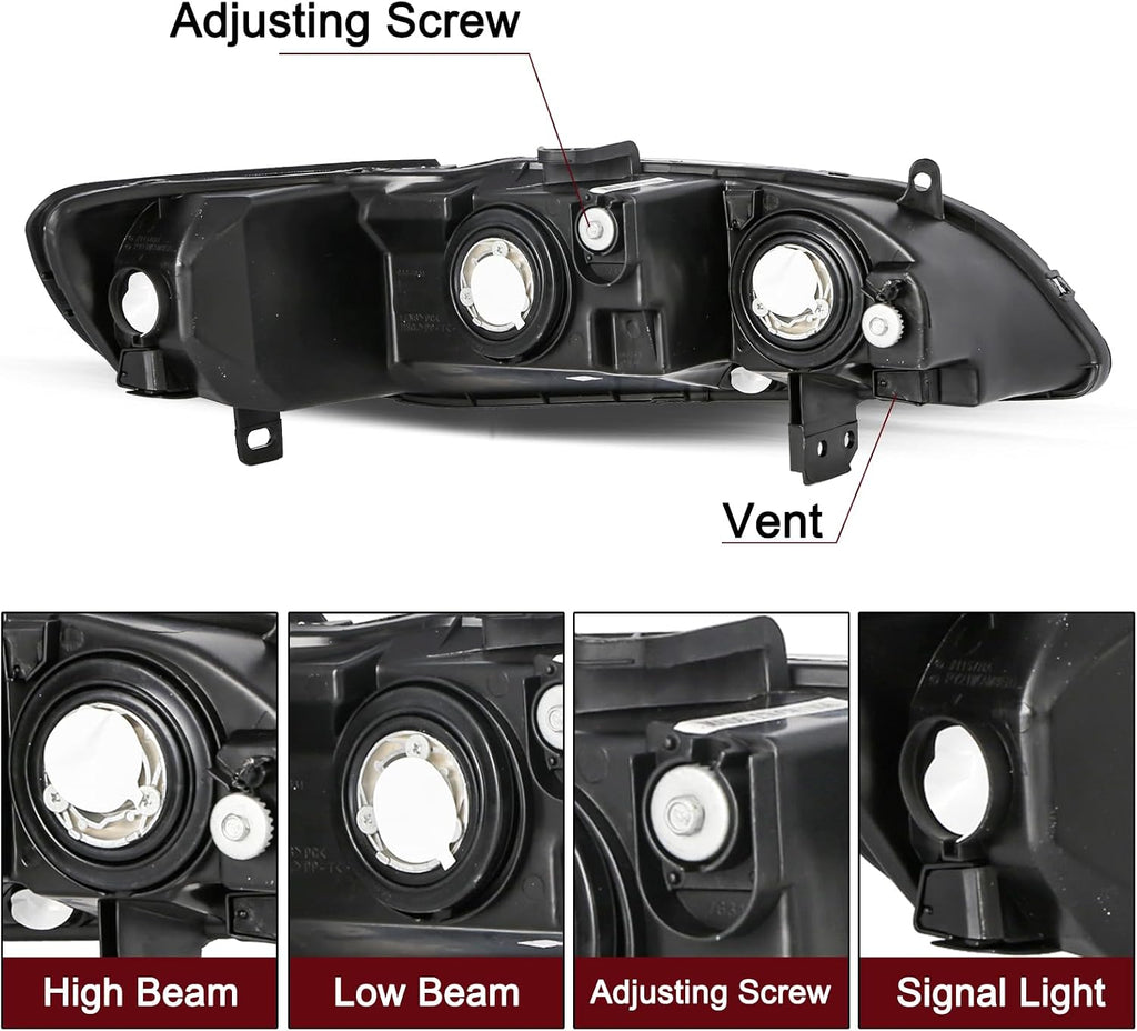 JSBOYAT Headlight Assembly Replacement for 1998-2002 Honda Accord Black Housing with Amber Reflector (Driver and Passenger Side)