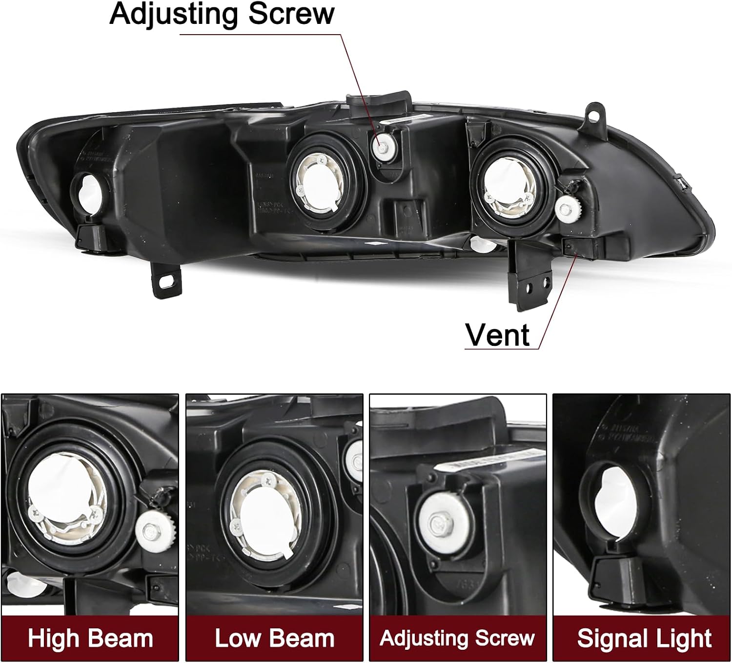 JSBOYAT Headlight Assembly Replacement for 1998-2002 Honda Accord Black Housing with Amber Reflector (Driver and Passenger Side)
