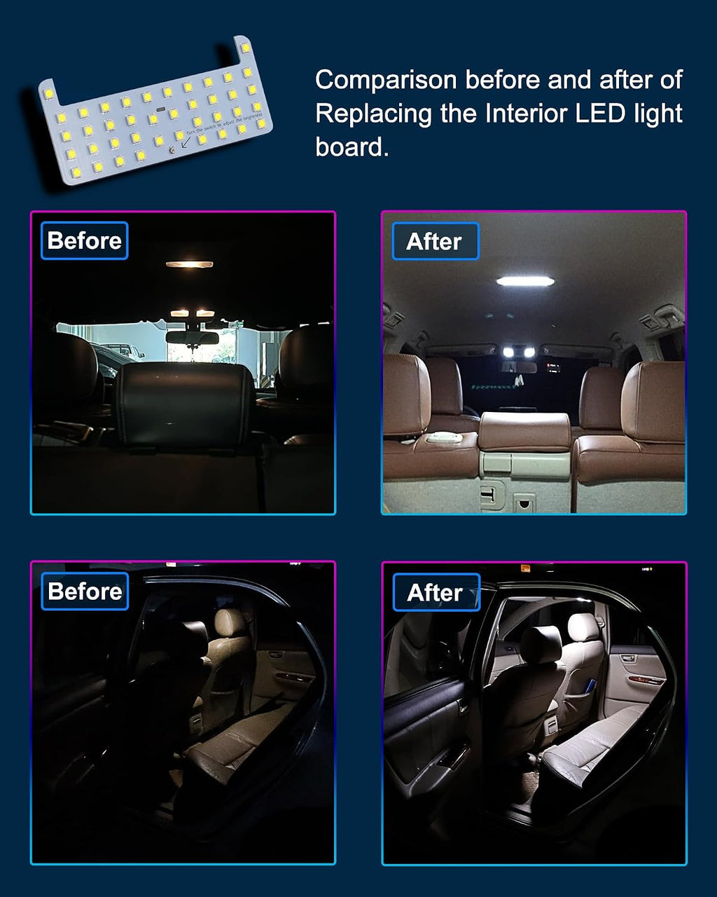 Rear Dome LED Light Board,6000K White Light,Cab Interior Lamp Upgrade Accessories,Fit For Toyota 3rd Gen Tacoma (2016-2023),FJ Cruiser (all series),4Runner (2007-2024),RAV4 (2005-2021)